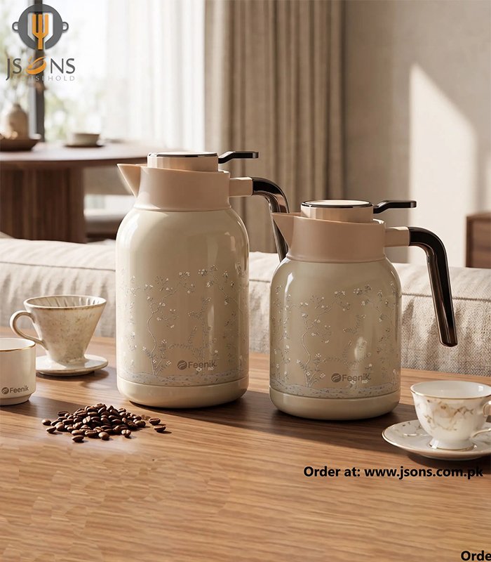 Feenik Thermos Flask 316 Stainless Steel Vacuum Jug 1.5L & 2L – Beige Floral Hot & Cold Water Bottle for Home and Office