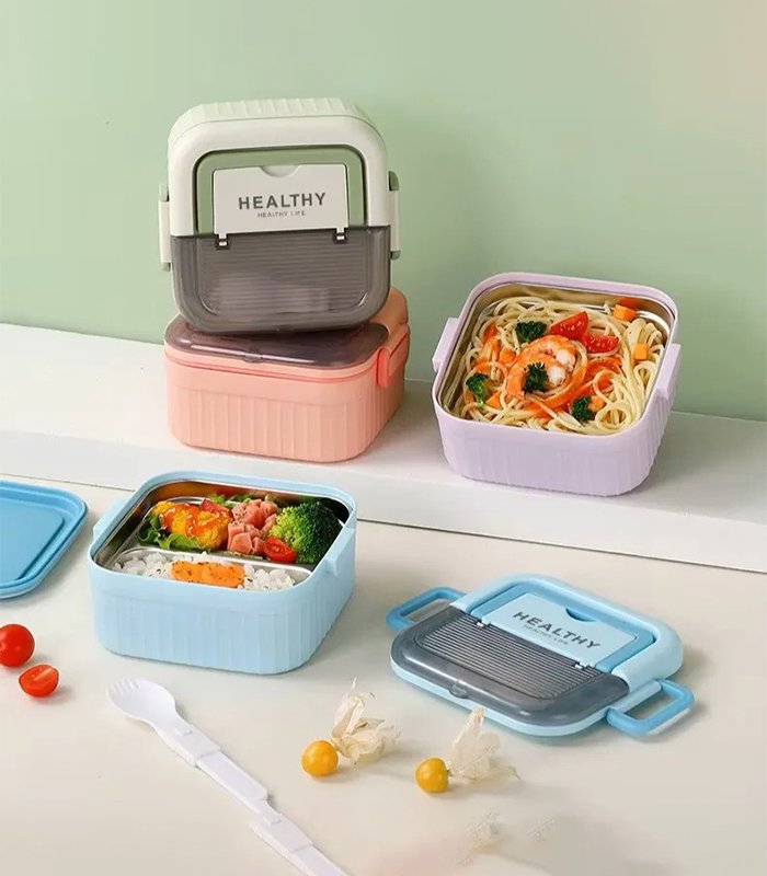 School Lunch Box with Spoon & Fork – Plastic Kids Food Box