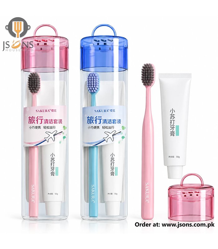 Sakura Travel Toothbrush Kit – 2 Pc Set with Soft Bristle Brush, 50g Baking Soda Toothpaste & Portable Case for Travel, Hostel & Office